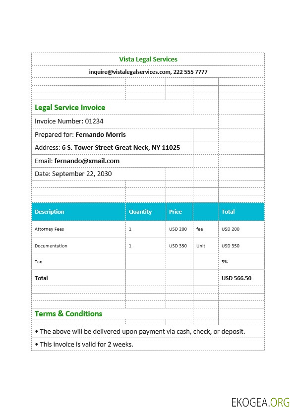 Modèle de facture de services juridiques